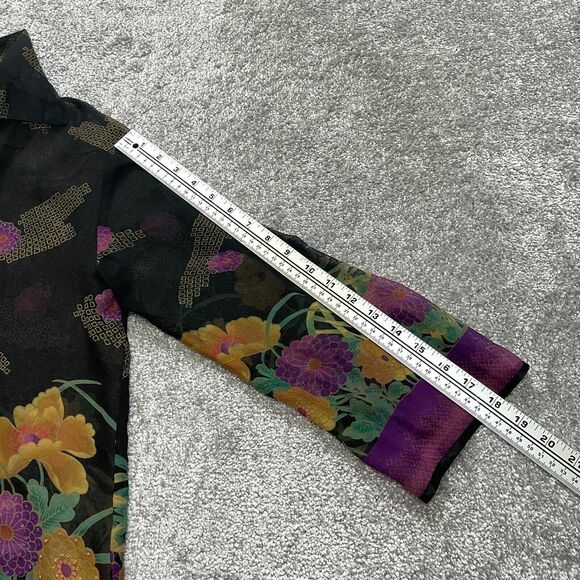 Chadwicks Blouse Button Up Top womens Medium Black Purple Sheer Tropical Floral - Picture 8 of 11